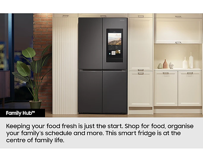 Samsung Family Hub smart refrigerator in modern kitchen.Samsung's Smart Fridge