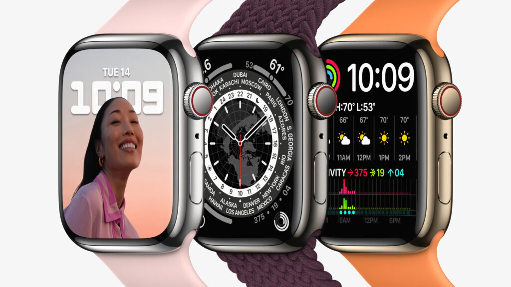 Apple Watch Series 7 with always-on Retina display in midnight aluminum case and sport band