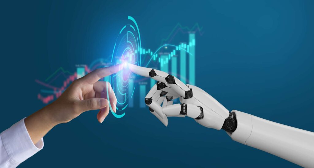 An AI-powered humanoid robot operating in a futuristic manufacturing facility, symbolizing the integration of advanced robotics in modern industry.