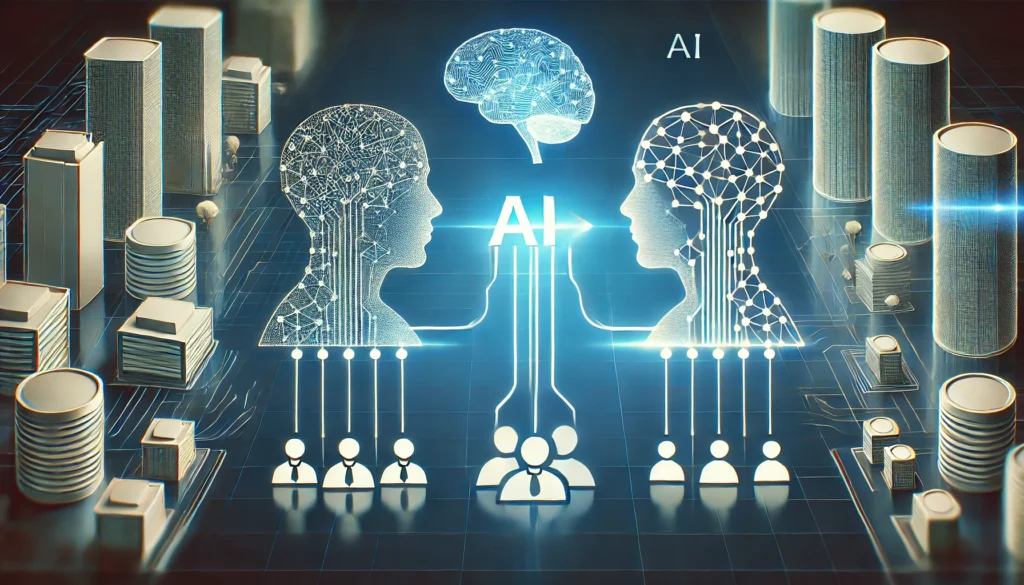 Illustration of AI agents collaborating with human employees in a modern office setting, symbolizing the integration of digital labor in frontier firms.