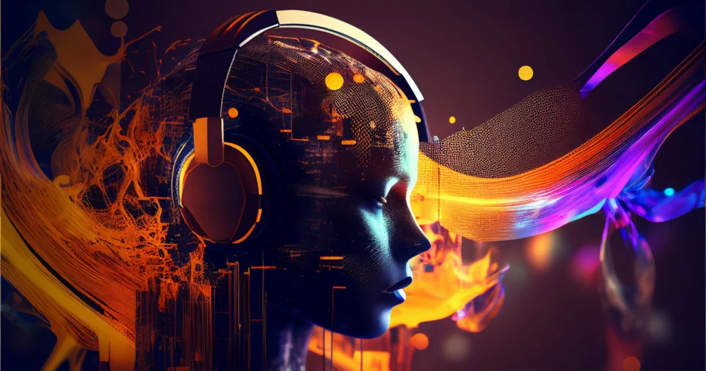 An artist collaborating with an AI music generator, blending human creativity with artificial intelligence to compose a unique track.