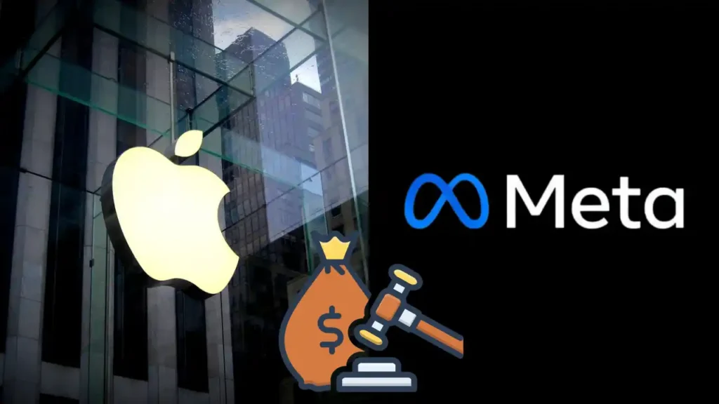 Graphic showing Apple and Meta logos with a gavel representing EU regulations under the Digital Markets Act crackdown.