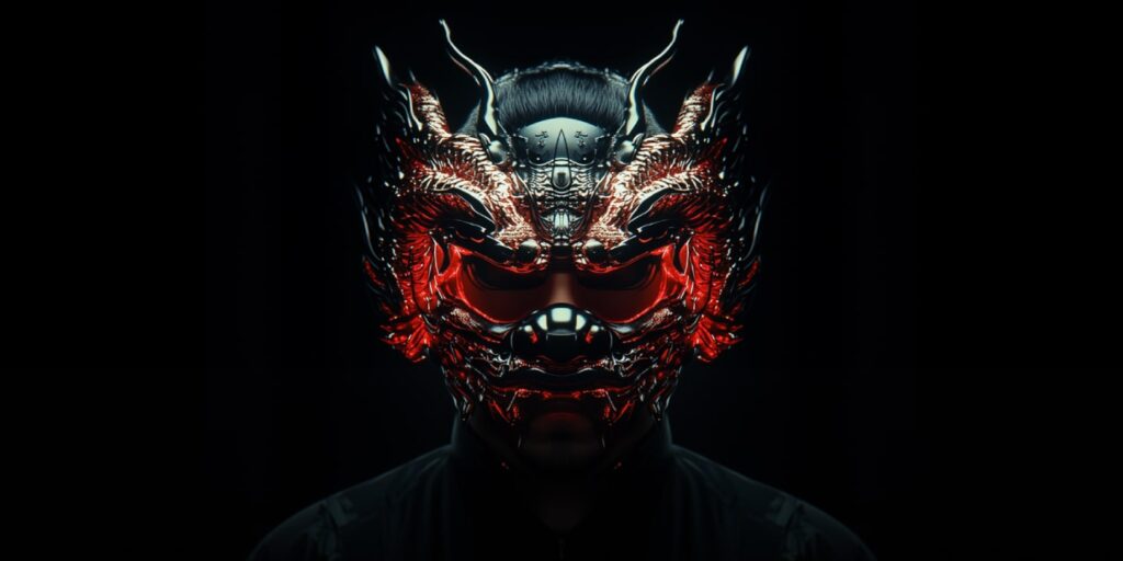 A digital mask with fiery code lines representing the stealth and power of DragonForce ransomware