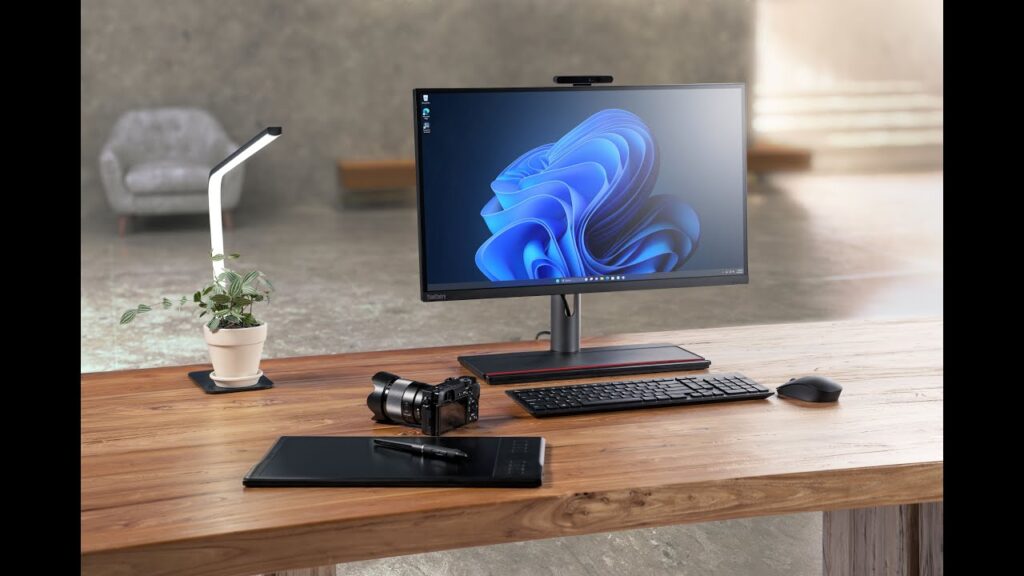 Lenovo ThinkCentre M90a Pro Gen 4 All-in-One Desktop PC with a 27-inch QHD display, showcasing its sleek design and integrated stand.