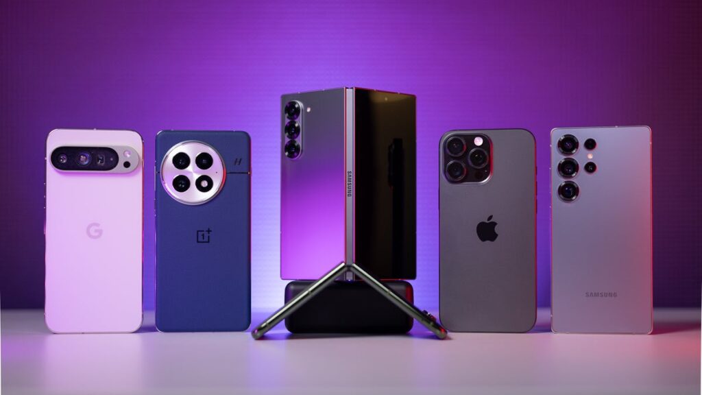 Assorted flagship smartphones from top brands displayed side-by-side, highlighting premium design and features.
