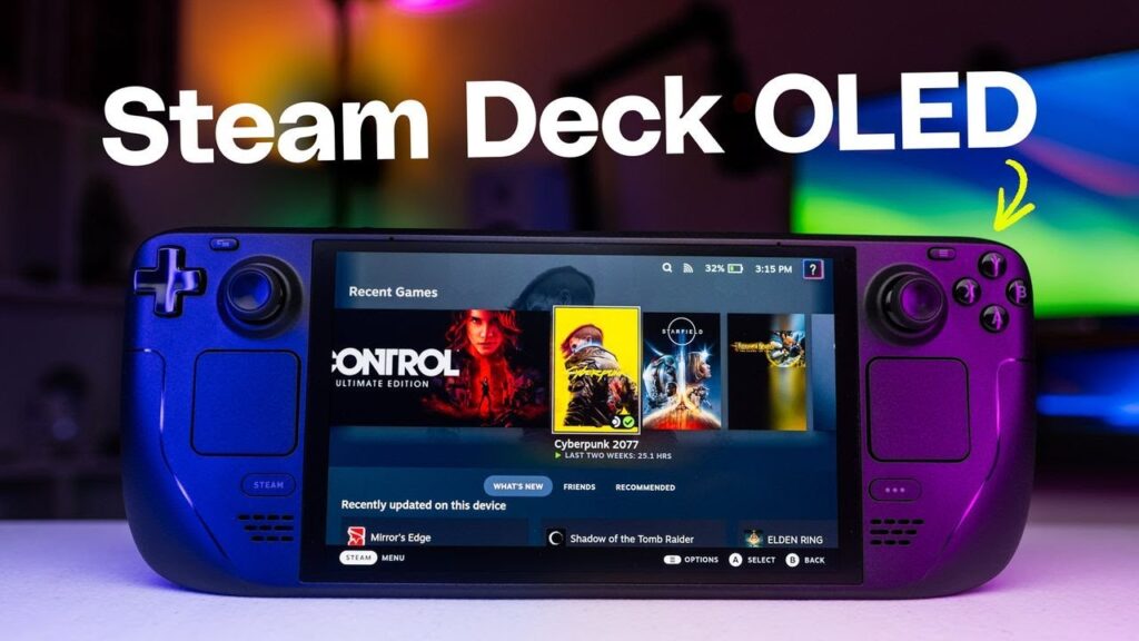 Valve's Steam Deck handheld gaming PC showcasing its ergonomic design and vibrant display.