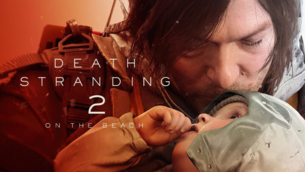A mysterious shoreline scene from Death Stranding 2: On the Beach, with the main character silhouetted against a surreal, haunting sky.