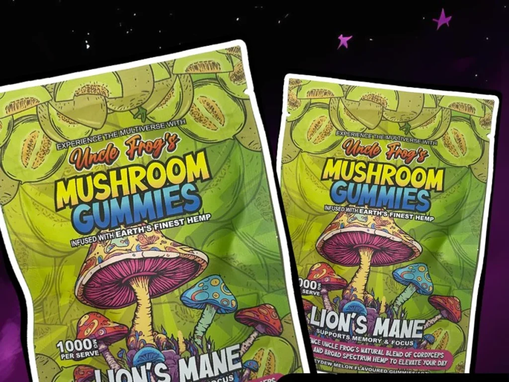 A close-up of colorful mushroom gummies in a jar, contrasted with a warning label and health advisory notice in the background.