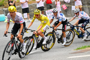 Professional cyclists racing through the French countryside during the Tour de France, with cheering crowds and official banners lining the route.