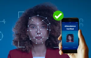 A smartphone screen showing facial recognition Technology authentication alongside icons representing dating, security, and identity verification.