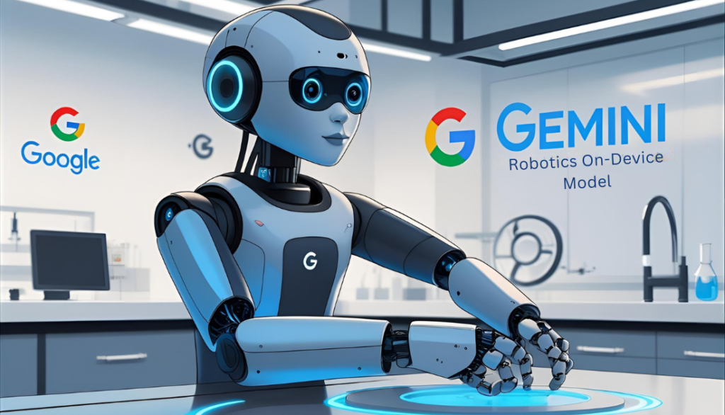 A sleek autonomous robot powered by Google Gemini AI, navigating an indoor environment with on-device intelligence and adaptive response systems.