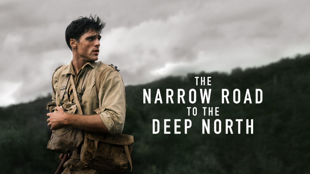A cinematic still from The Narrow Road to the Deep North, showing a soldier silhouetted against a war-torn jungle, capturing themes of love, trauma, and survival.