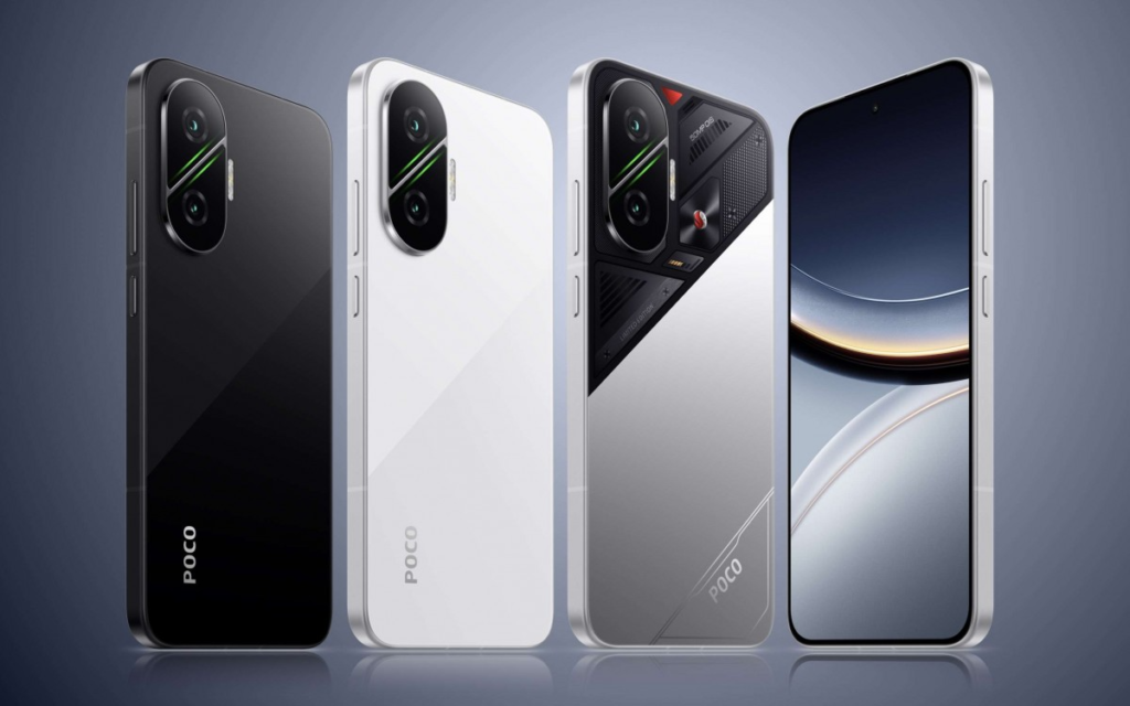 The Xiaomi Poco F7 smartphone displayed at launch, showcasing its sleek design, vibrant screen, and triple rear camera setup.