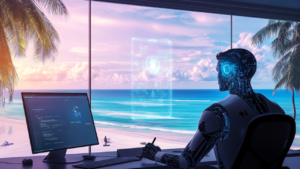 A Windows desktop with multiple AI agent windows open, automating tasks like email, file management, and app navigation.