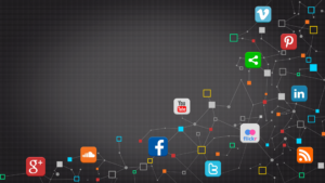 A digital web of interconnected social media icons overlaid with code and data streams, symbolizing open-source intelligence gathering.