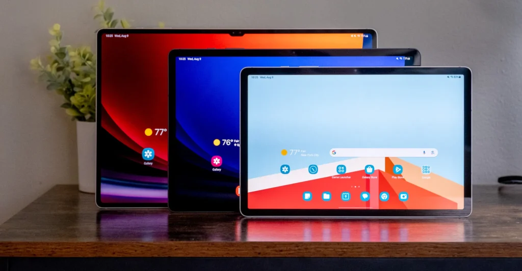 Samsung Galaxy Tab S9 Ultra with its vibrant AMOLED display and S Pen resting on top, featured in a productivity-focused desktop setup.